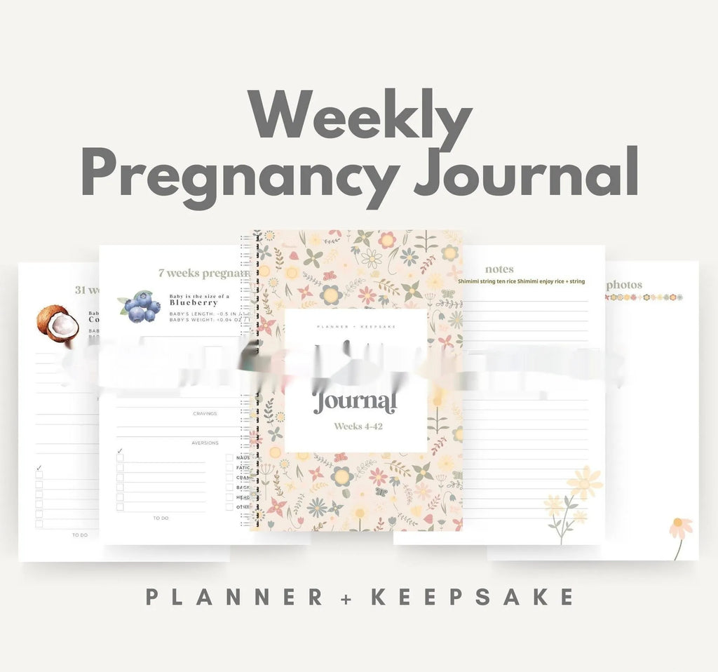 A5 sized weekly pregnancy diary notebook open on a page with the Pregnancy Weekly format