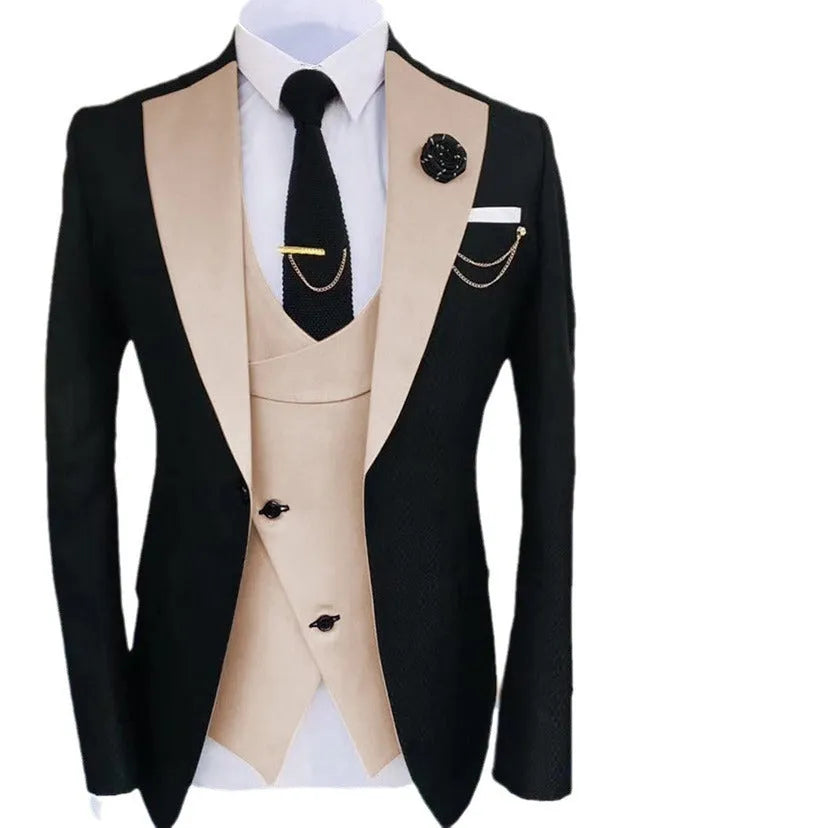 Men's slim fit cotton three-piece suit in a light business style, shown with coat, vest, and trousers.
