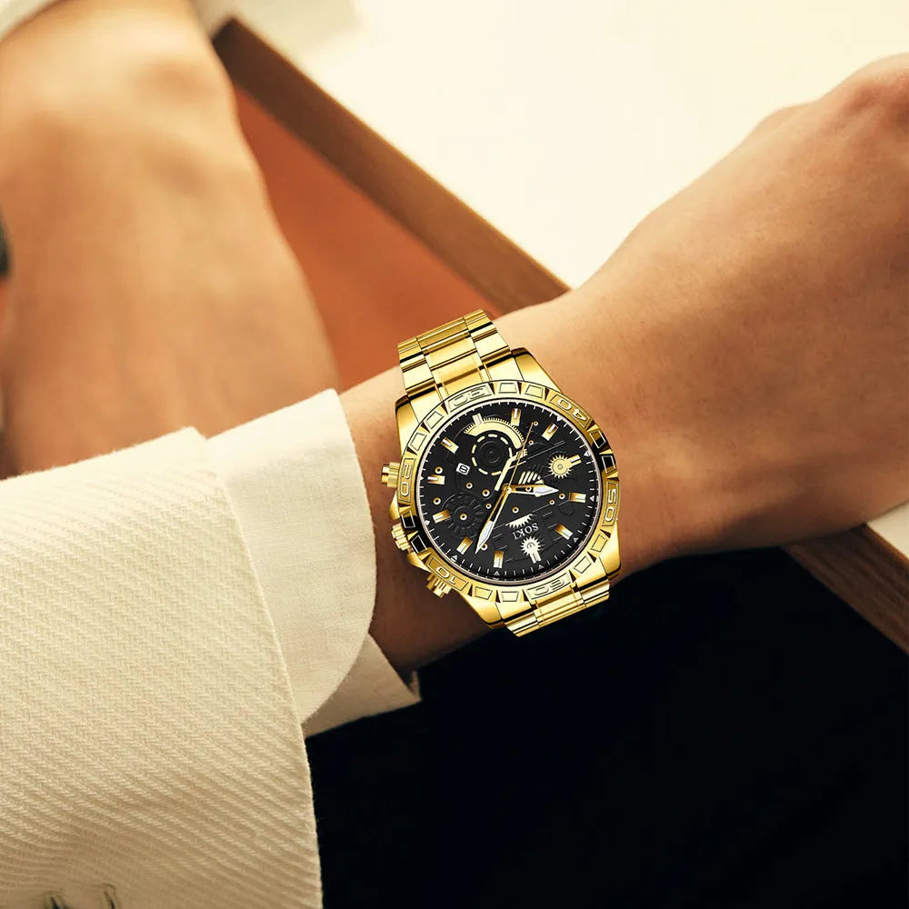 Gold men's stainless steel quartz watch with business styling and folding buckle