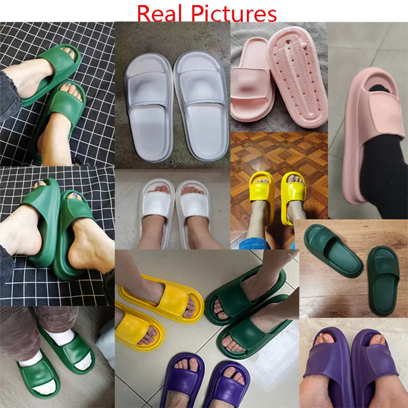 Pair of thick-soled white EVA foam flip-flop slippers on a bathroom floor, showing non-slip tread pattern.