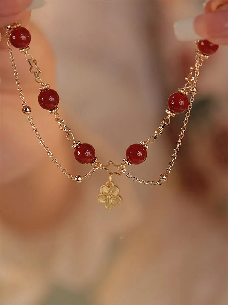 Red agate double layer bracelet with floral patterns for women