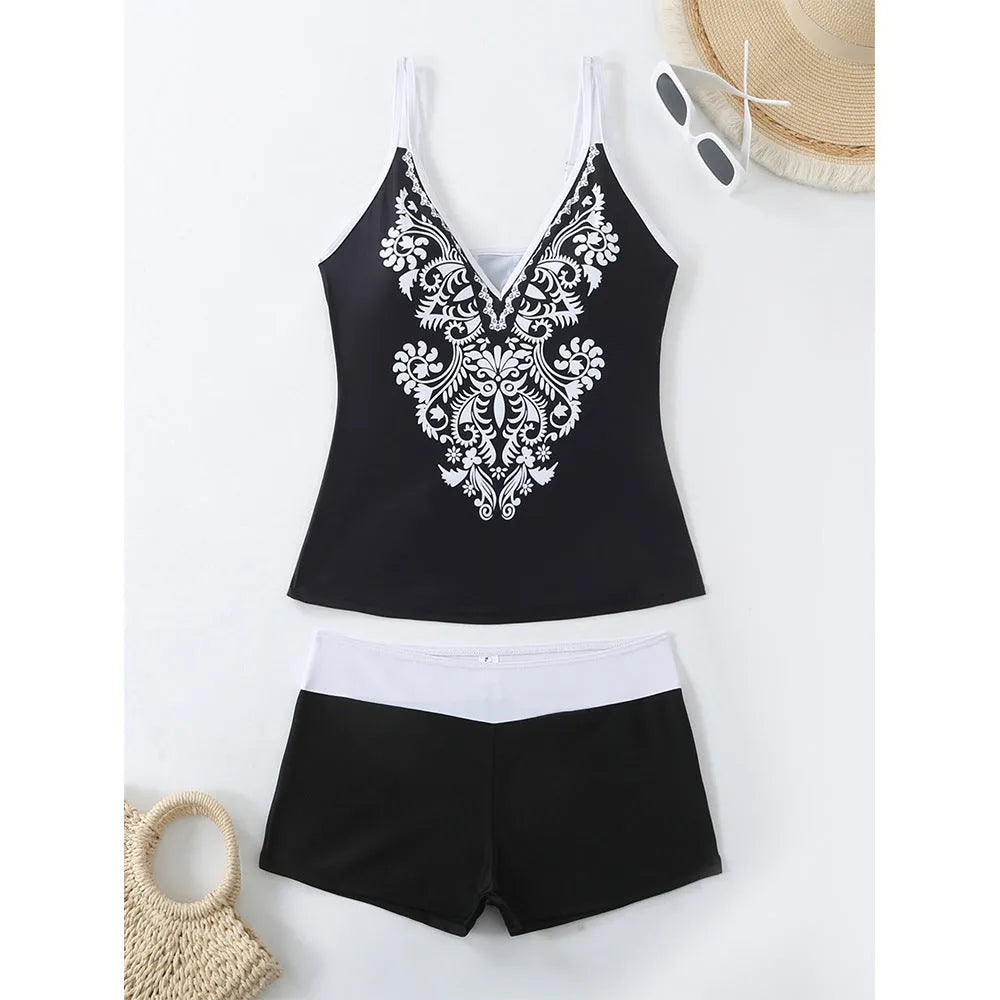 Plus size women's swim briefs in black or rose red printed pattern with cotton lining.