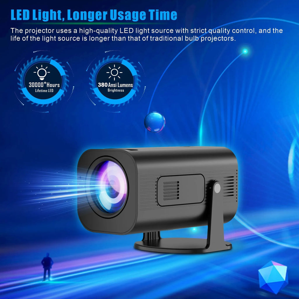 Black P330 portable mini projector with remote control on table displaying HD projection