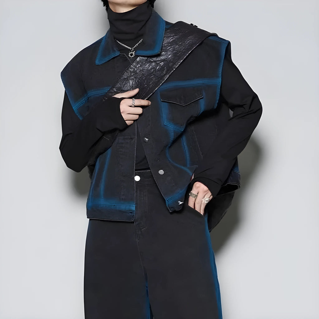 Blue distressed denim fleece-lined vest and jeans two-piece set with a spray colour gradient effect.