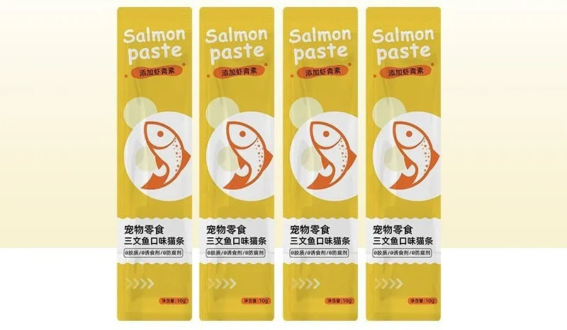 Pack of ten cat strip snacks in chicken, duck, salmon and tuna flavours for kittens