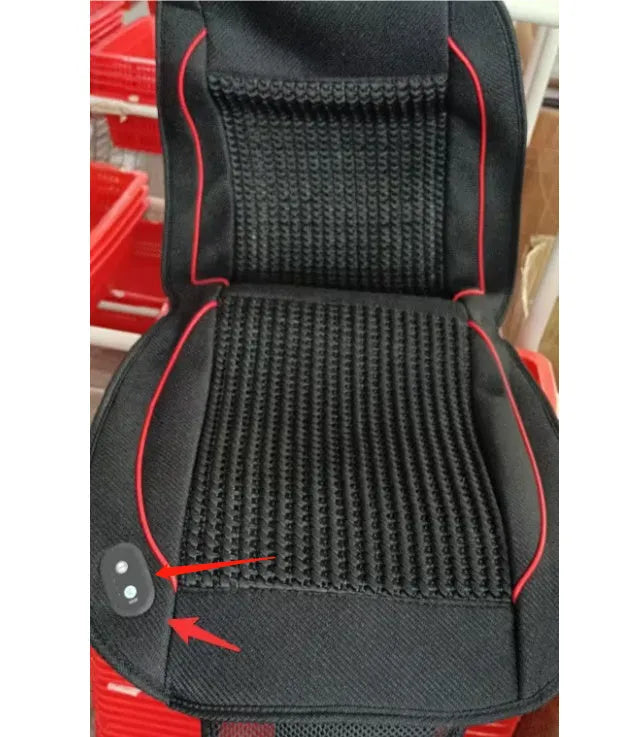 Black square car ventilation seat cushion with massage, showing power cord for 12V or 24V connection.