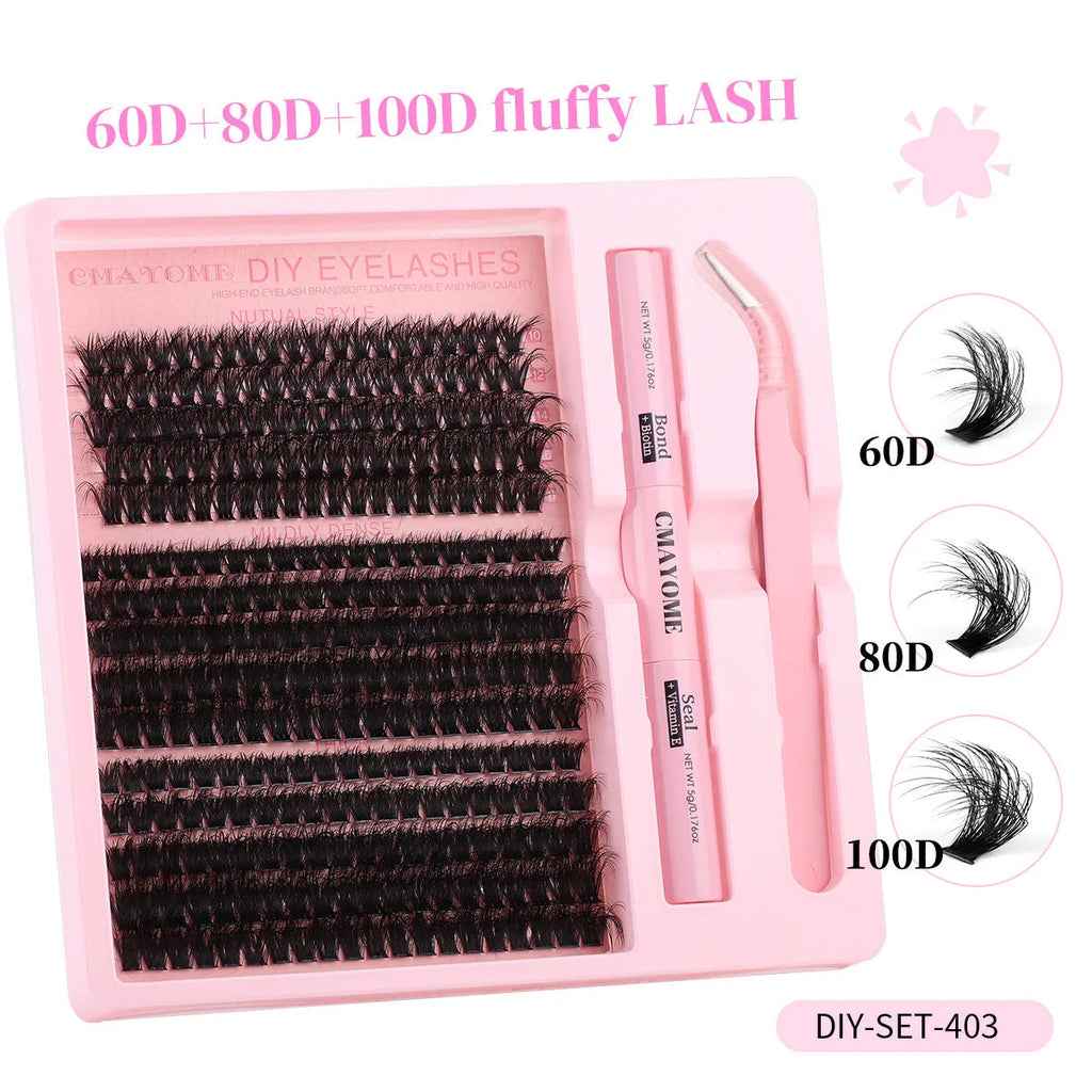 DIY false eyelash extension kit showing cluster lashes and metal eyelash tweezers on a clean background.