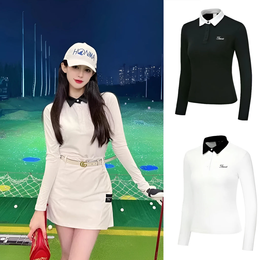 Women's white long sleeve golf top with slim fit made from breathable polyester fabric