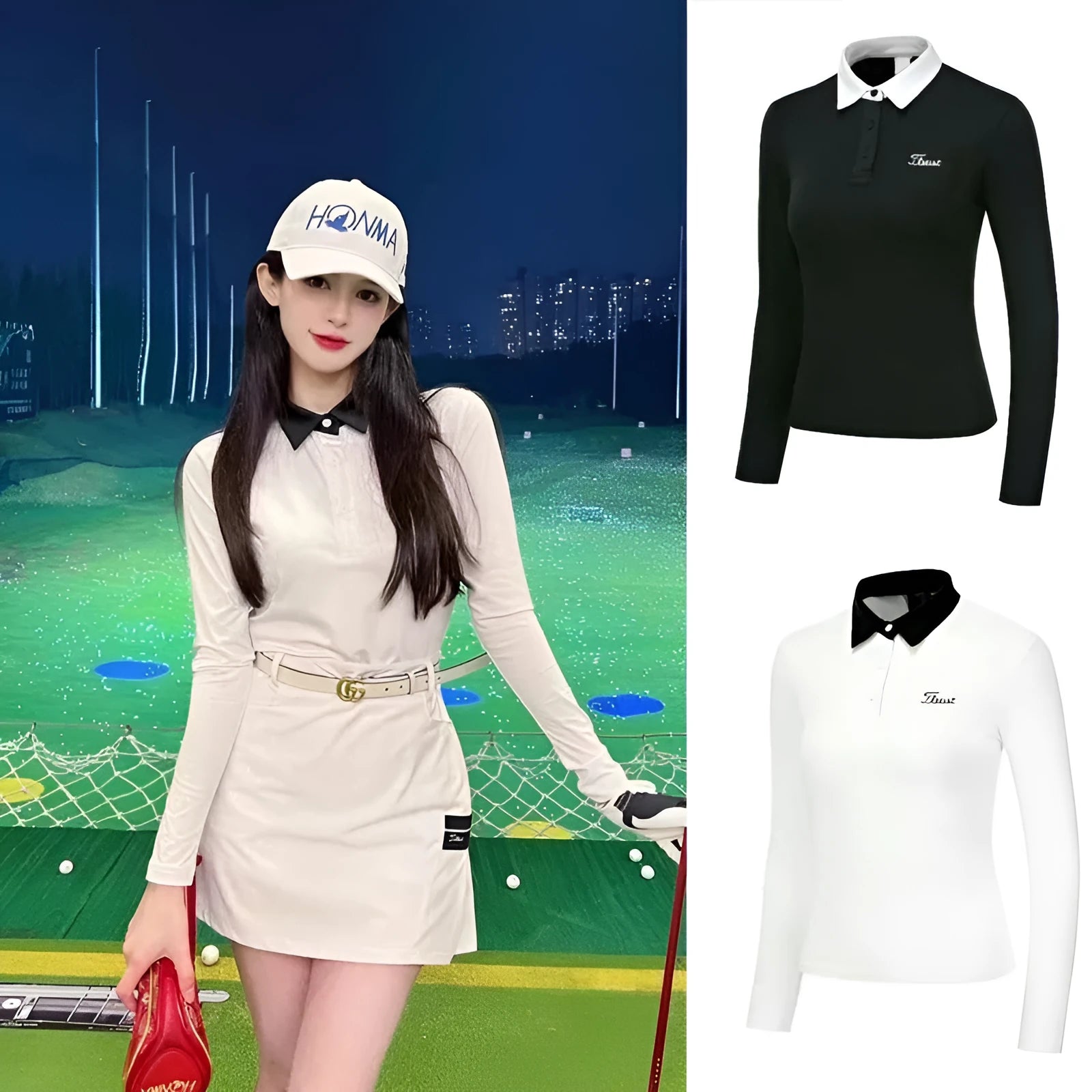 Women's white long sleeve golf top with slim fit made from breathable polyester fabric