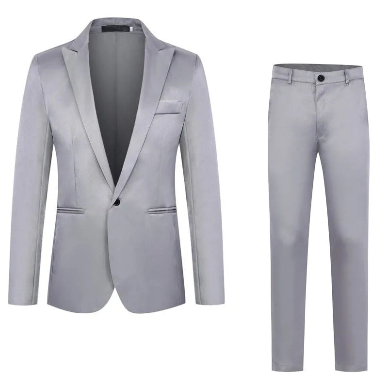 Men's loose-fit wedding suit jacket in acetate fibre, shown in multiple colours including black, grey, and wine red.