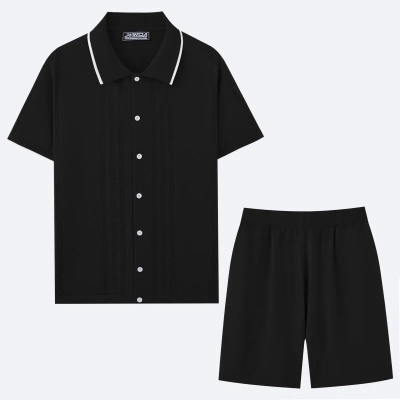 Tencel knit business casual two-piece set with short sleeve top and shorts in multiple colours.