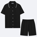 Tencel knit business casual two-piece set with short sleeve top and shorts in multiple colours.