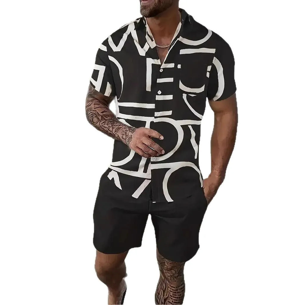 Man wearing a men's Hawaii-themed 3D printed short sleeve suit with matching shorts.