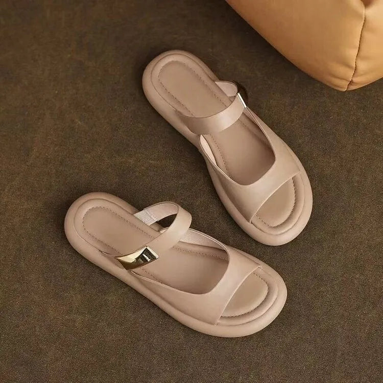 Apricot and white French soft leather peep toe platform sandals with a flat rubber sole.
