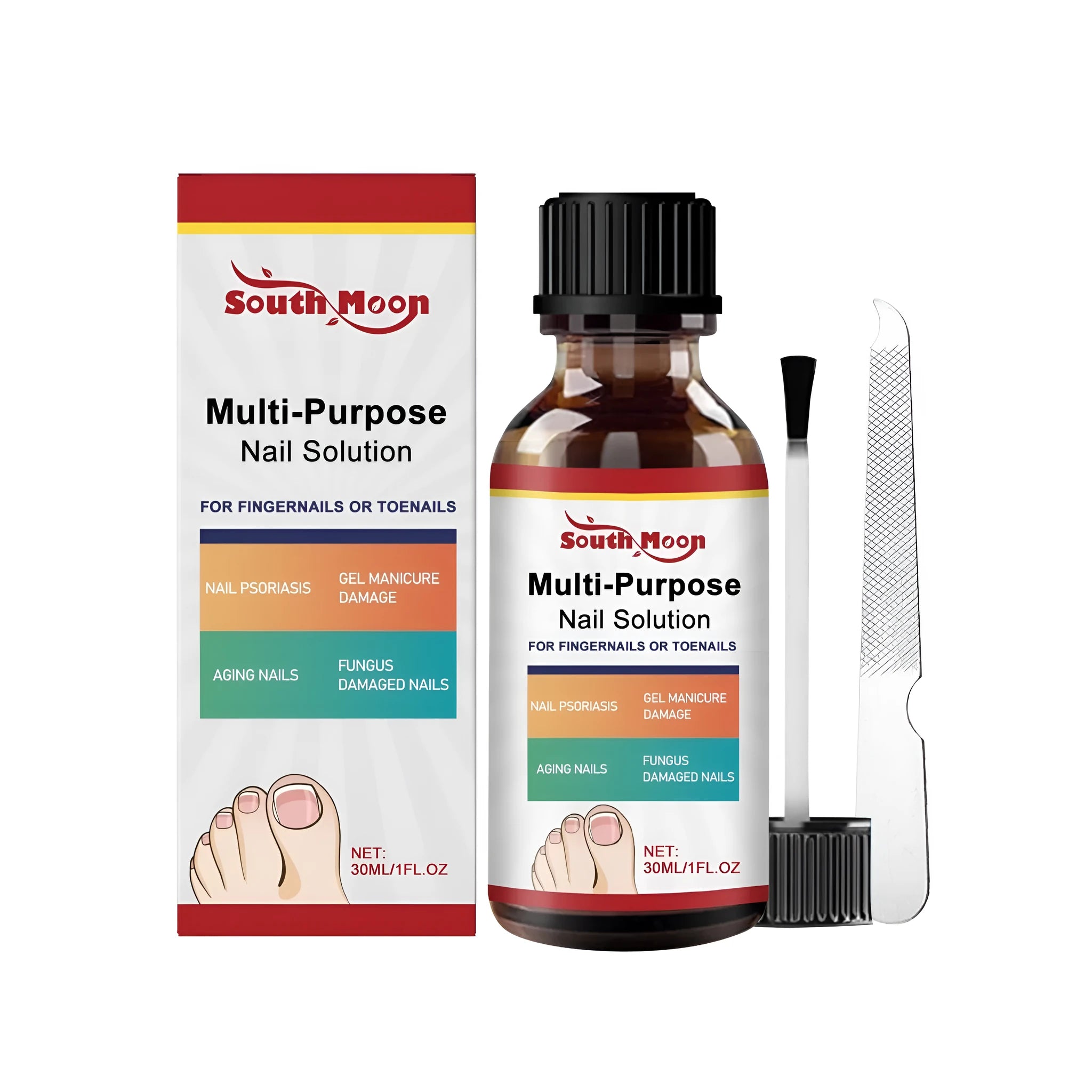 30ml bottle of tea tree oil nail care solution with herbal ingredients and included nail file