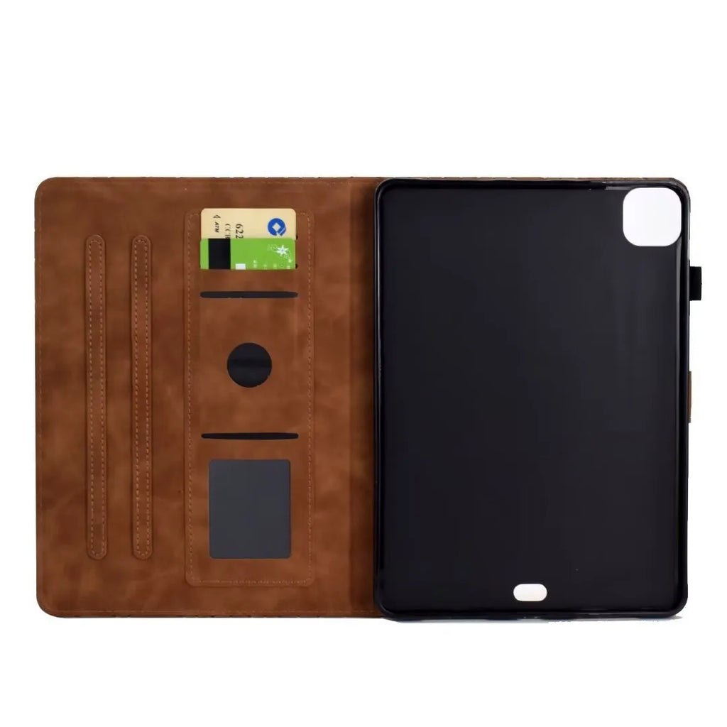 Leather tablet case for iPad Pro 11 with card slot and folded-out kickstand, shown in diamond black finish.