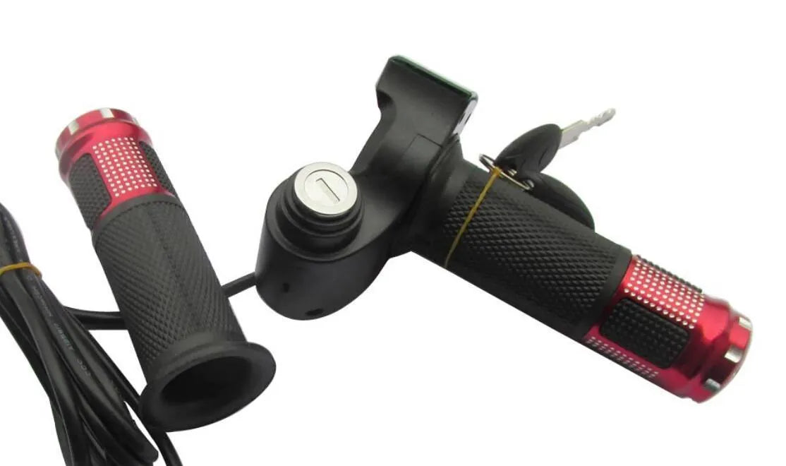 Electric vehicle handlebar replacement part in blue, red, silver, and yellow with 5-core cable.