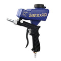 Portable gravity-fed pneumatic sandblasting gun with tank, shown in blue or black.