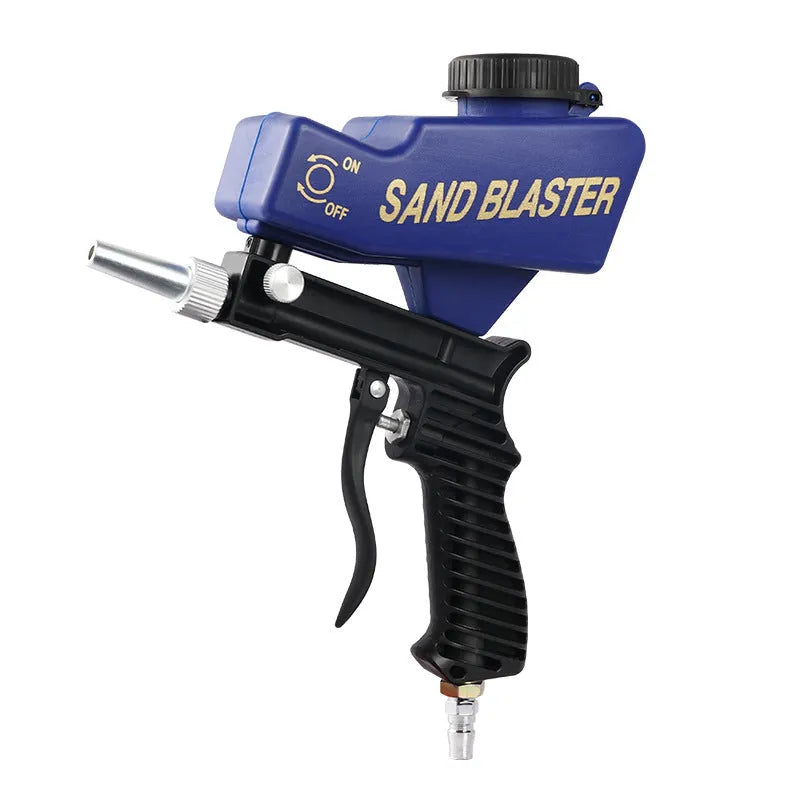 Portable gravity-fed pneumatic sandblasting gun with tank, shown in blue or black.