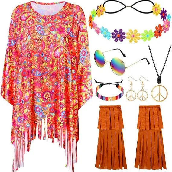 Colourful tie dye cloak costume with large bell sleeves, shown in a rainbow colour variant.