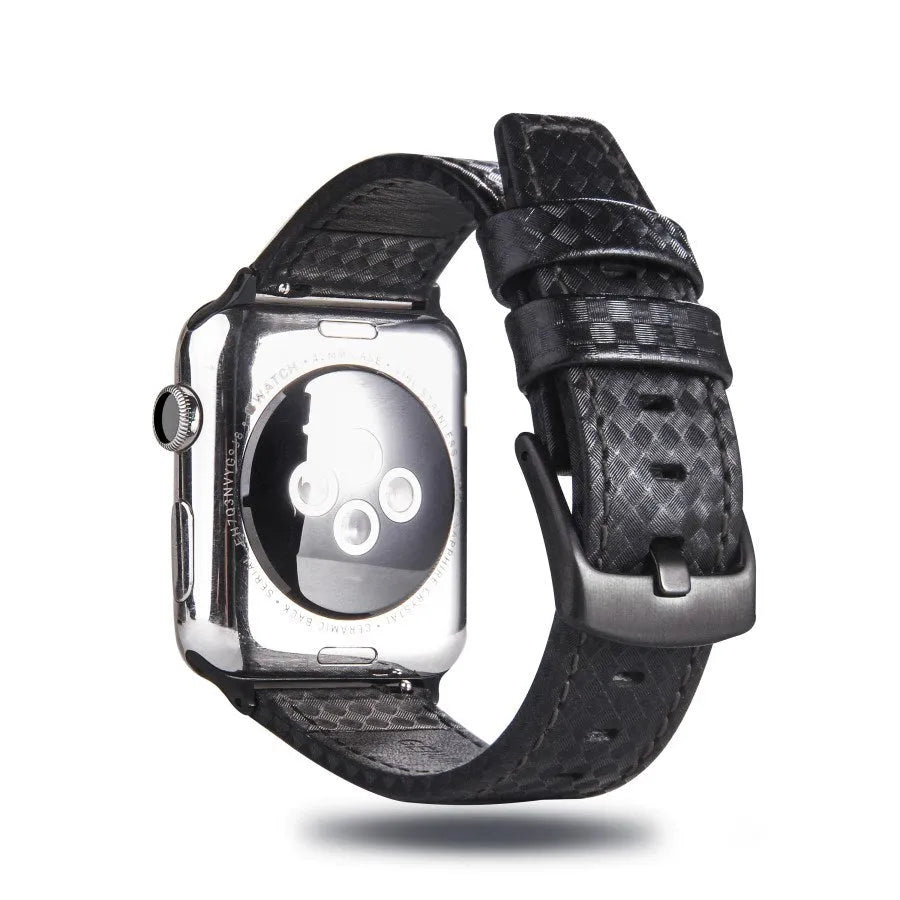 Carbon fibre leather Apple Watch strap showing red, black, orange, and blue line colour options