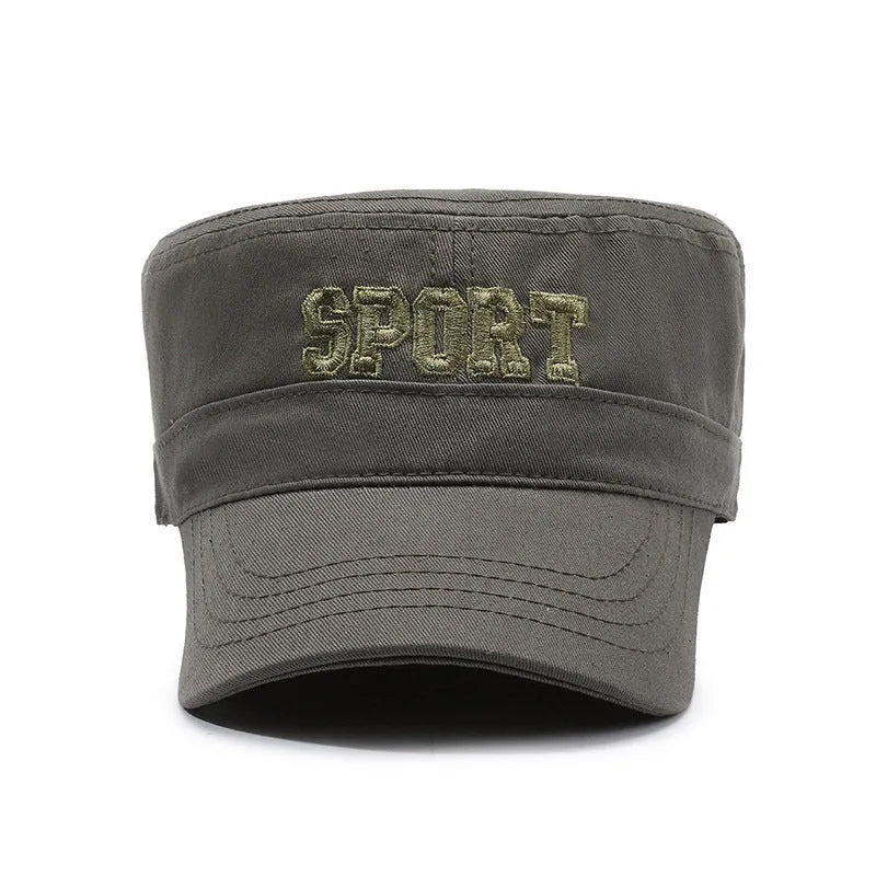 Men's flat-top cotton peaked cap in army green with adjustable strap and English letter detail.