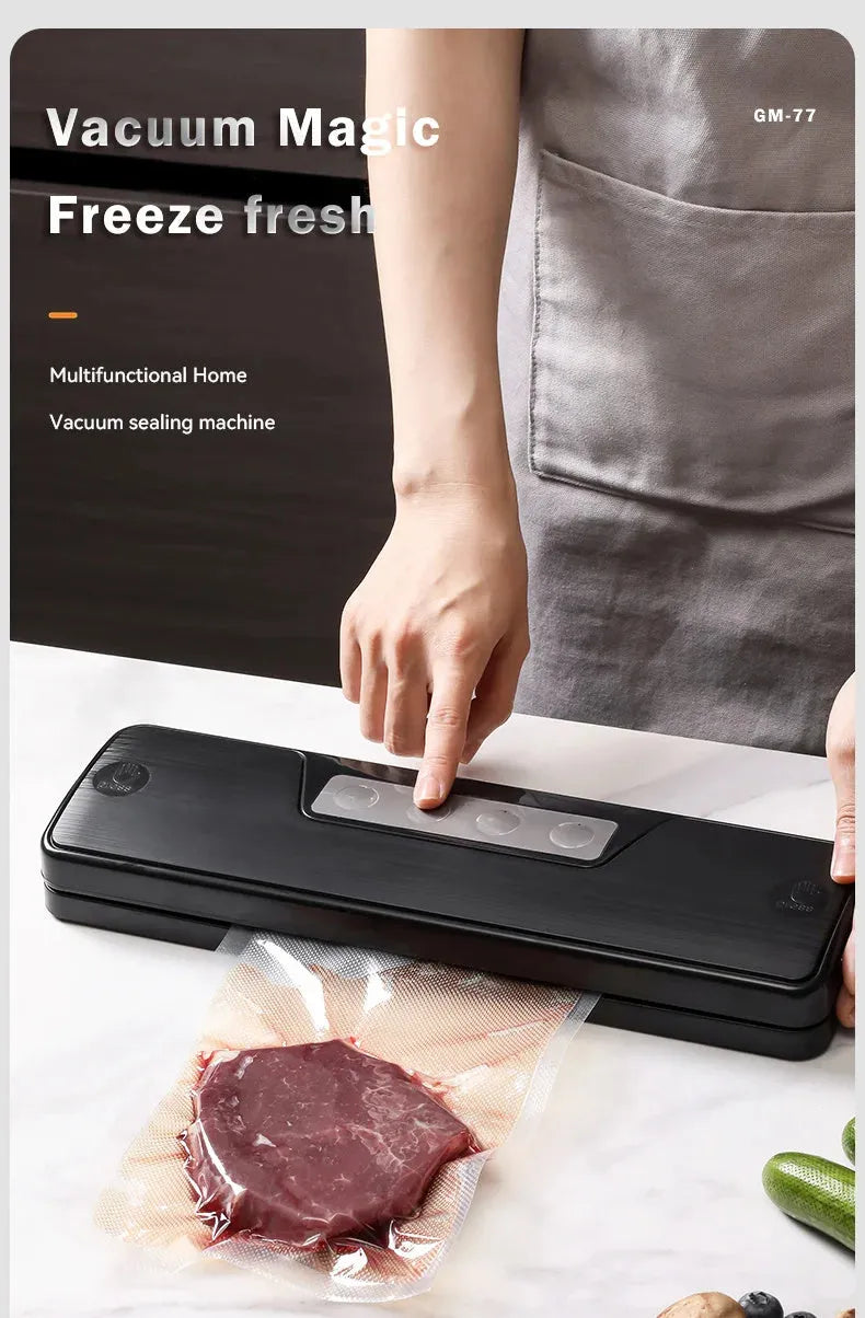 Black compact automatic vacuum sealer machine for household food preservation and item protection