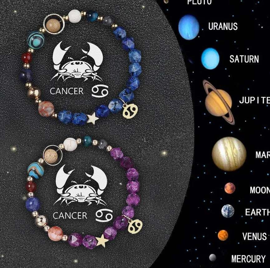 Set of two natural stone beaded bracelets with silver zodiac charms on an adjustable cord.