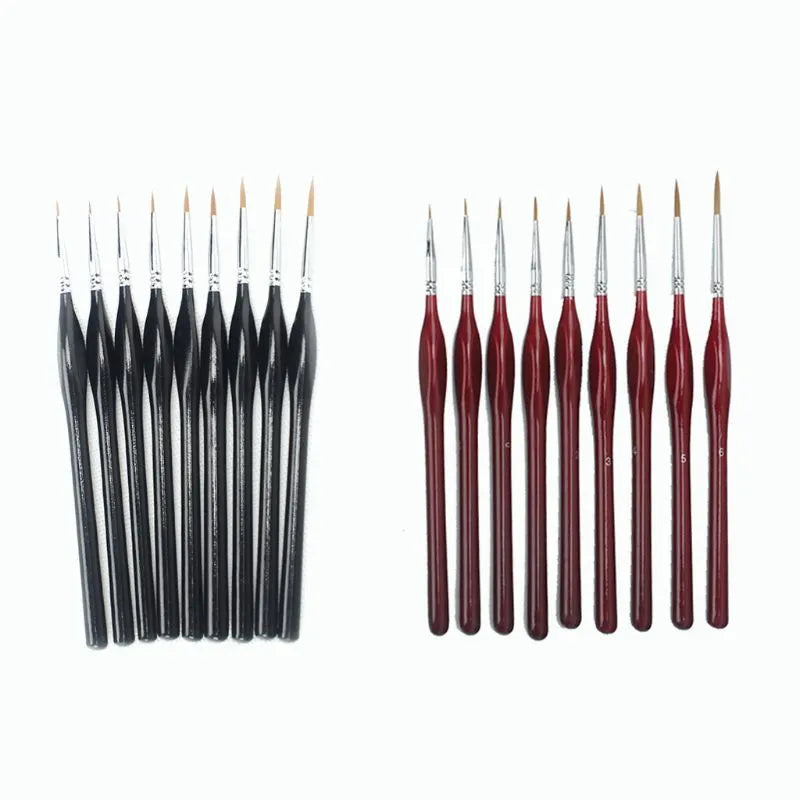 9-piece fine tip detail brush set with wood handles in black and red, nine nib sizes 000-6 for nail art and painting