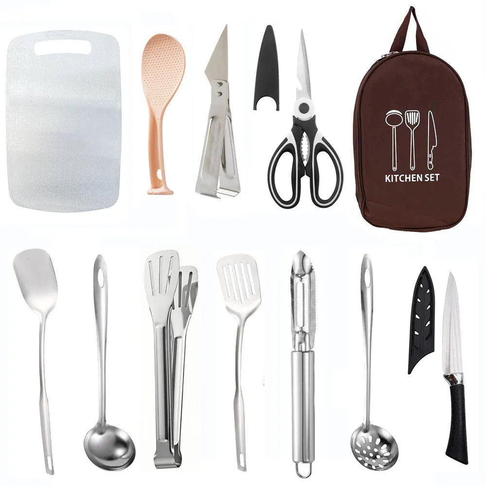 Multi-functional portable picnic kitchenware storage bag containing 12-piece stainless steel utensil set