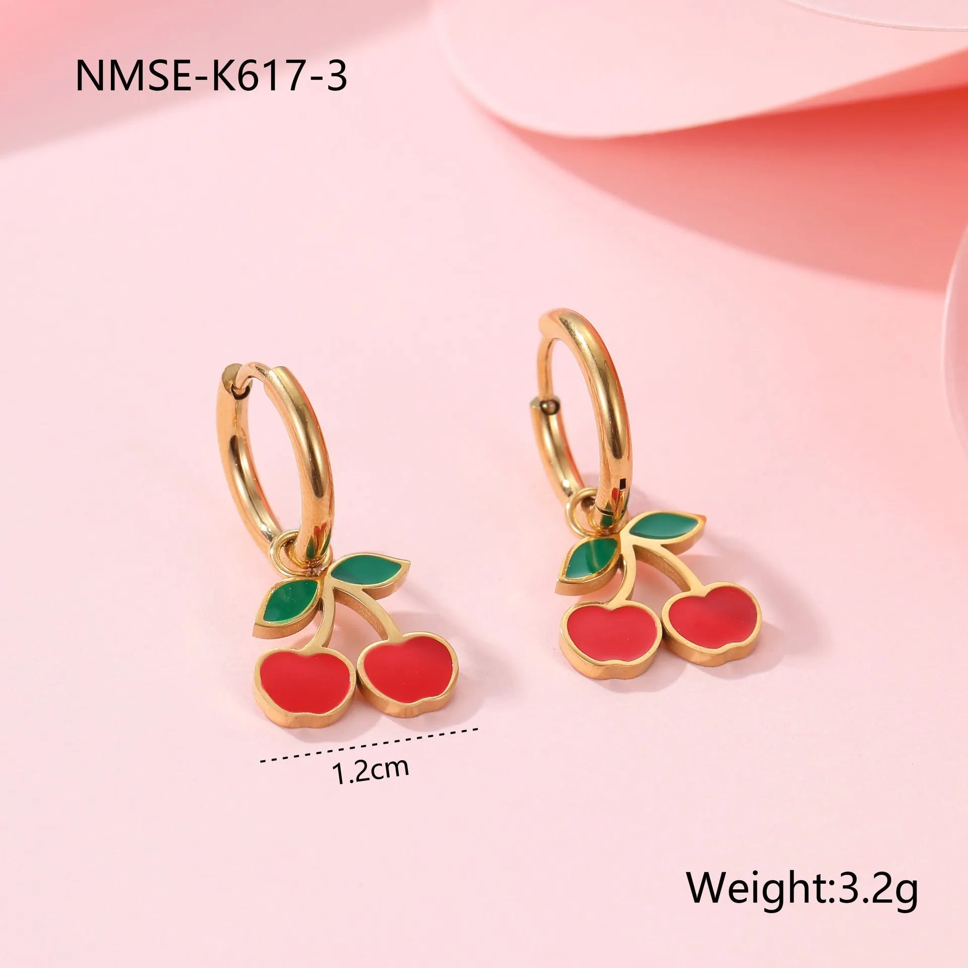 Cherry jewellery set showing necklace, bracelet, earrings, and ring with stainless steel construction and 18K gold electroplated finish