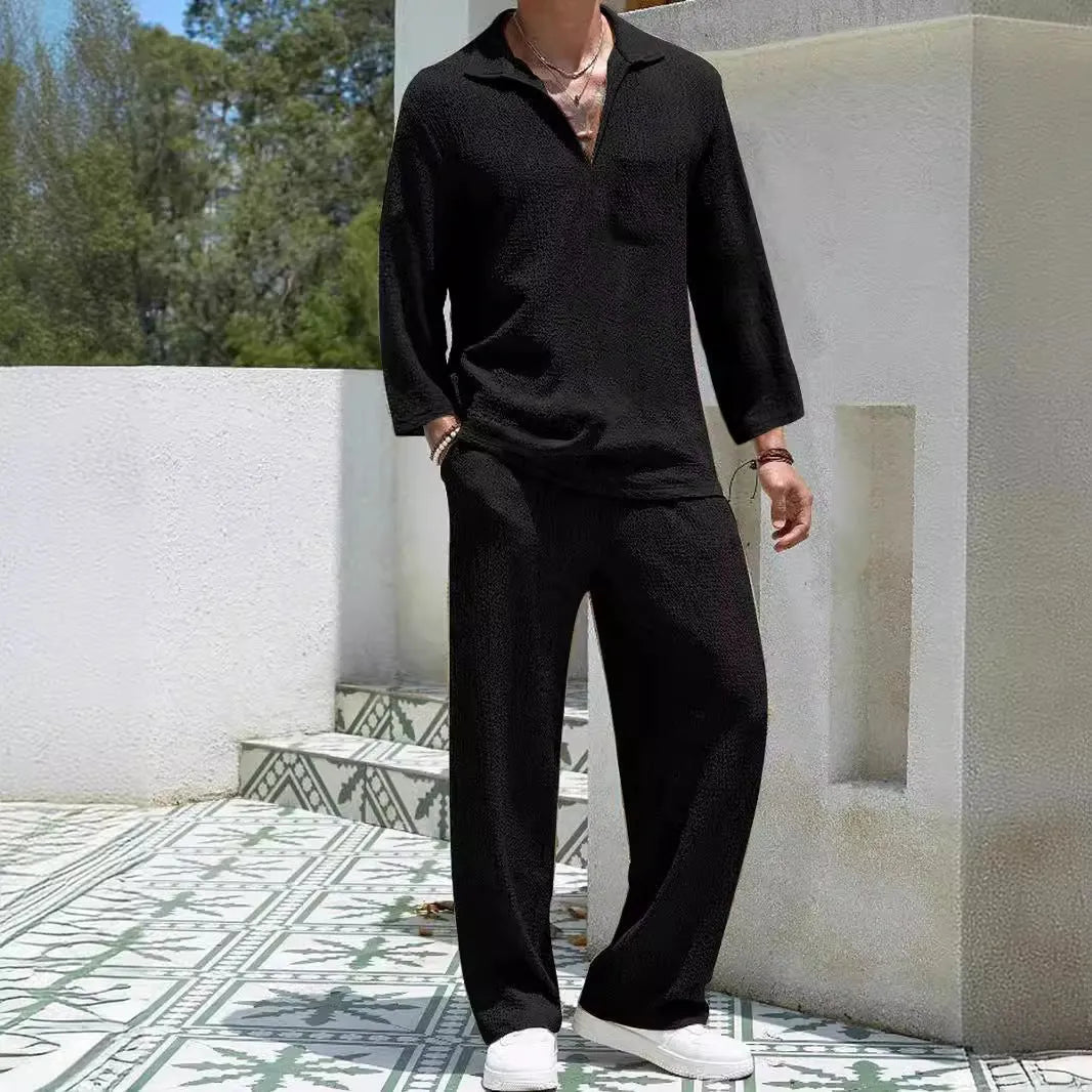 Men's casual shirt trousers suit in polyester fabric available in four colours for autumn leisure wear
