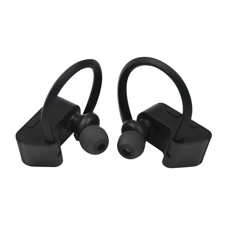 Black, grey, and red Bluetooth earphones with V5.0, showing ergonomic design and control buttons.
