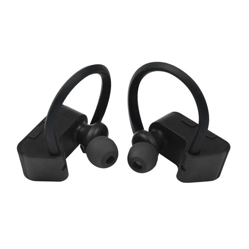 Black, grey, and red Bluetooth earphones with V5.0, showing ergonomic design and control buttons.