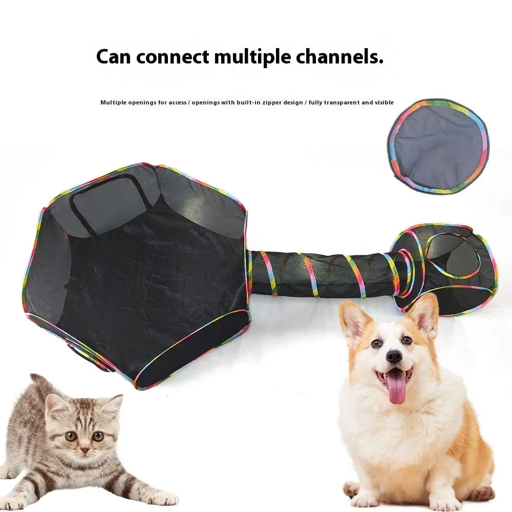 Foldable mesh cat tunnel toy shown in a square shape configuration