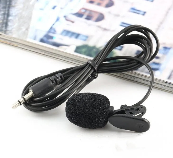 Black lavalier condenser microphone with 3.5mm plug and 2-metre cable for recording