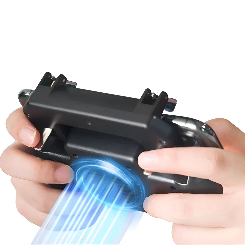Black USB mobile game controller for smartphones with aluminium alloy accents on a grey background.