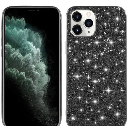 TPU shockproof phone case with sequins veneer and bracket for iPhone, available in black and rose gold colours