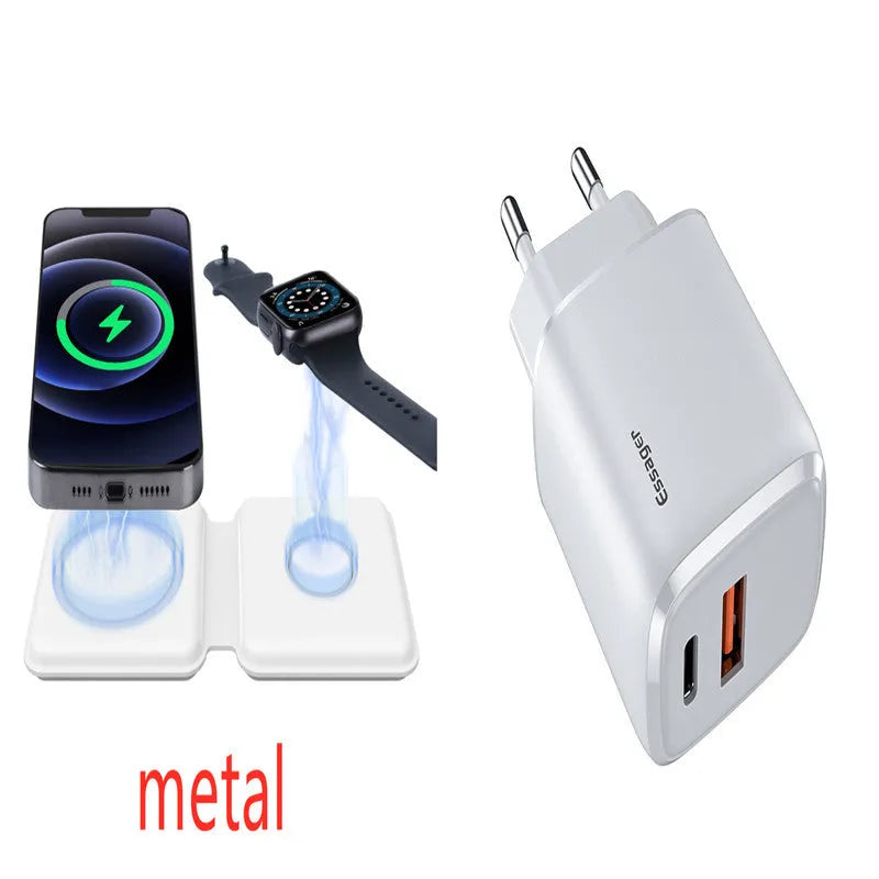 White foldable dual magnetic wireless charging dock showing 180° folding mechanism and Type-C port