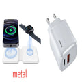 White foldable dual magnetic wireless charging dock showing 180° folding mechanism and Type-C port
