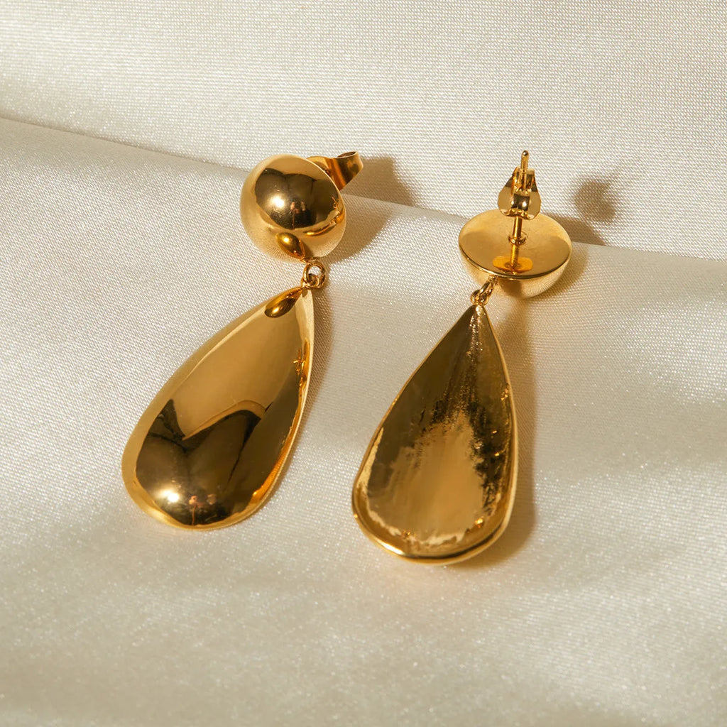 Gold stainless steel water drop pendant earrings with geometric hemisphere design for women