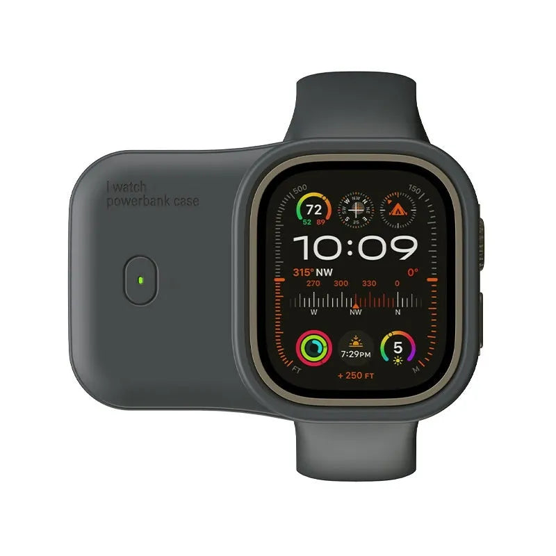 Apple Watch portable wireless charging case with silicone protector in brown, blue, and starlight colours.