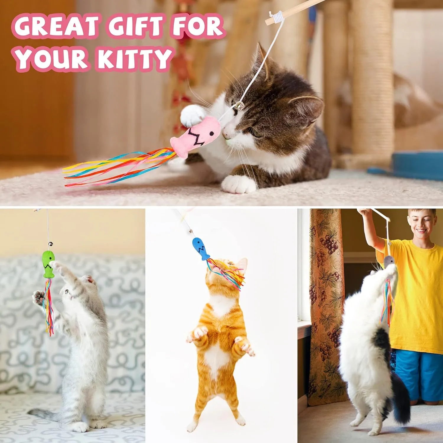 Colourful cat wand toy with ribbons, catnip fish, and bell on a wooden handle.