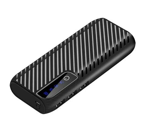 20000mAh portable mini power bank in black with dual USB ports showing compact size