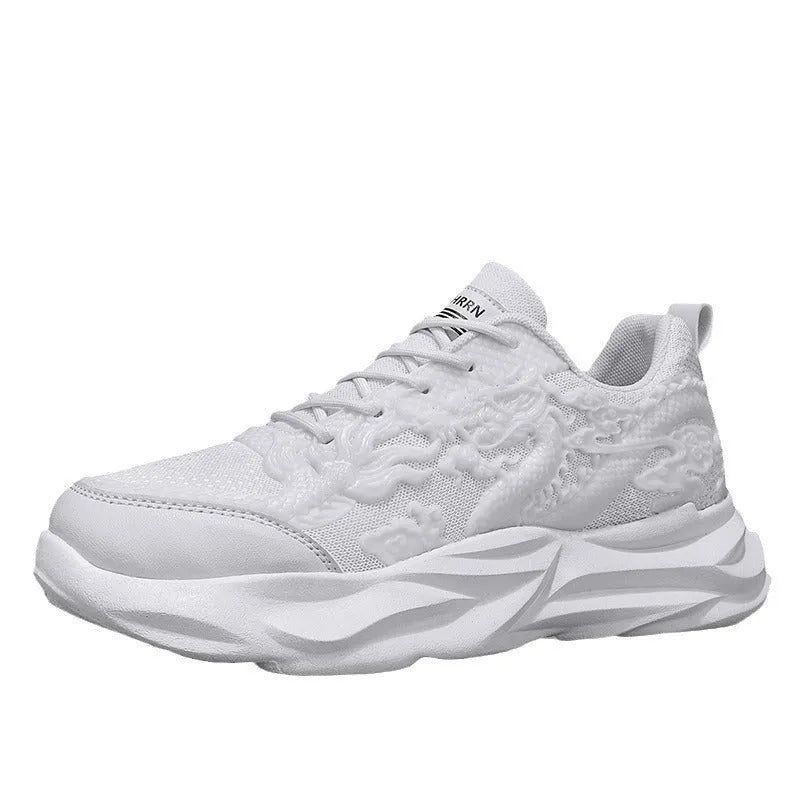 Chinese Loong casual sneakers with dragon print design on a breathable fly knit upper and rubber sole.