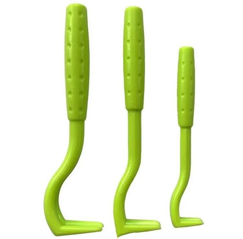 Three plastic tick removal tools with hook design for pet grooming and flea extraction