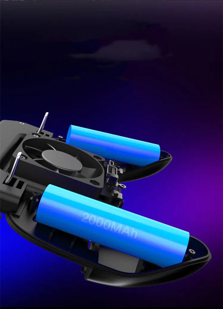 Black USB mobile game controller for smartphones with aluminium alloy accents on a grey background.