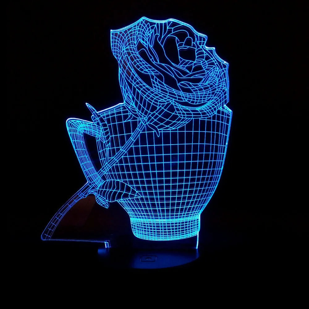 3D rose flower night light with acrylic panel and remote control showing multiple colour options
