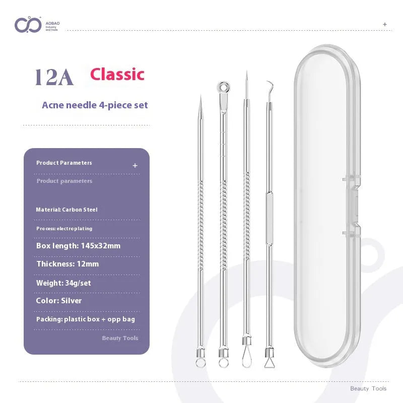 Four metal acne needles with pointed tips arranged on a clean surface.