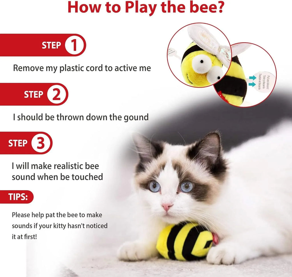 Yellow flannelette bee-shaped electronic cat toy on a plain background.